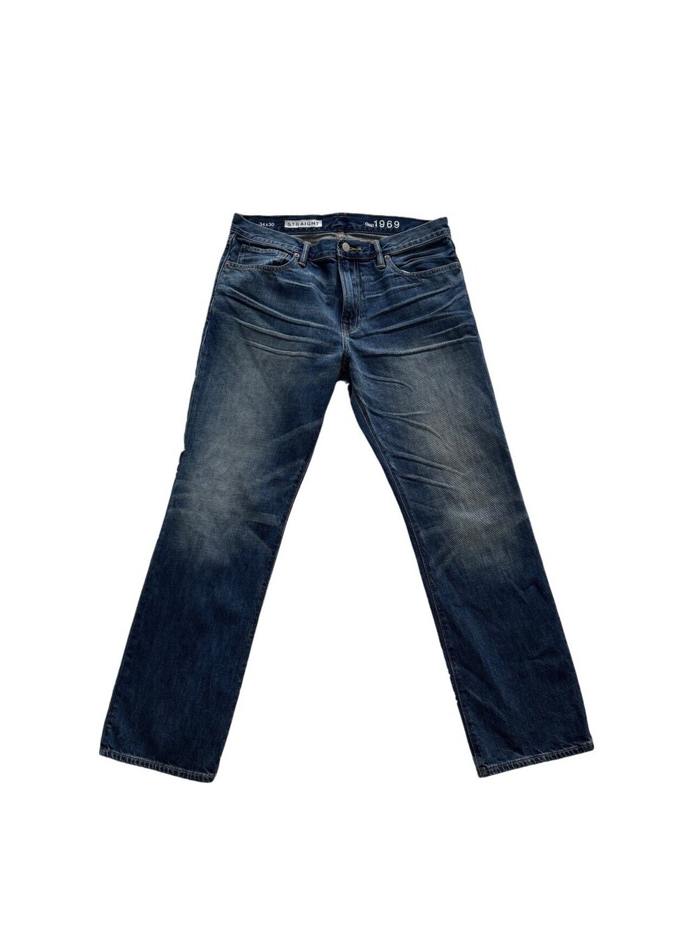 Gap 1969 Straight Fit Jeans Men’s 34x30 Dark Wash Whiskered Distressed Denim